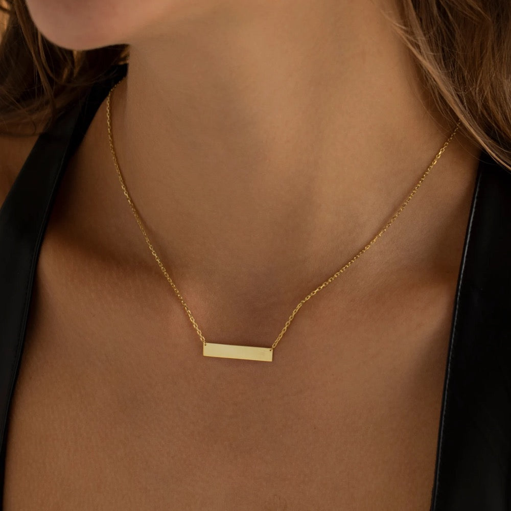 14K Gold Bar Necklace, Custom Bar Necklace | Personalized Bar Necklace, Engraved Bar Necklace | Laser Engraved Pendant