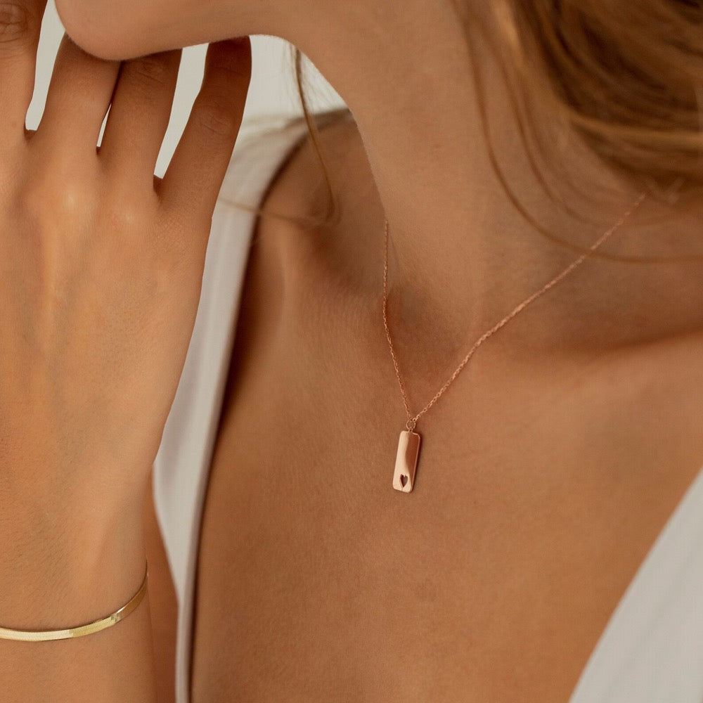 Laser Engraved Necklace w/Heart | Custom Engraved Necklace, Engraved Pendant | Square Necklace